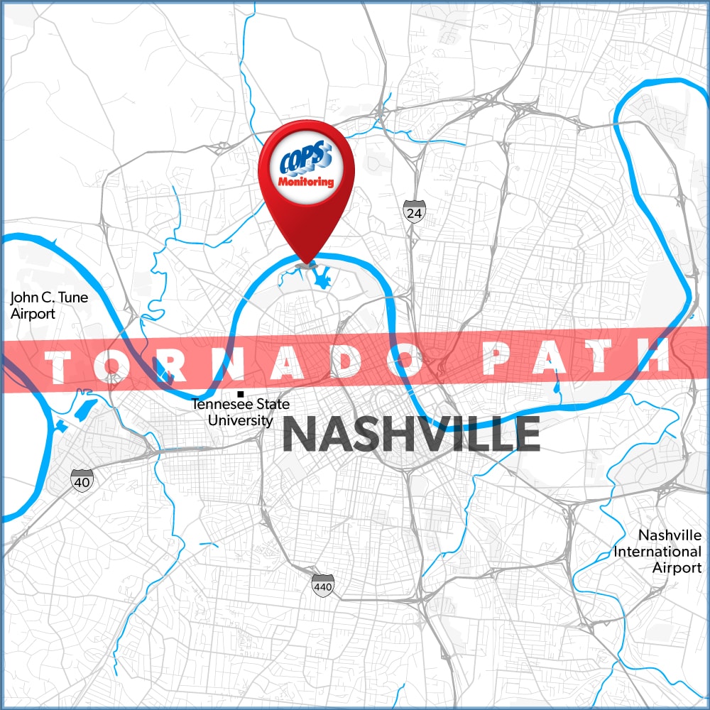 Nashville tornado carves path barely a mile from COPS Monitoring and disabling power and communications.