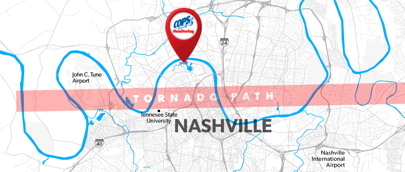 Nashville tornado carves path barely a mile from COPS Monitoring and disabling power and communications.